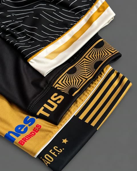Barras de cinco uniformes dobrados, com faixas, estampa geométrica dourada e nome de clube impresso